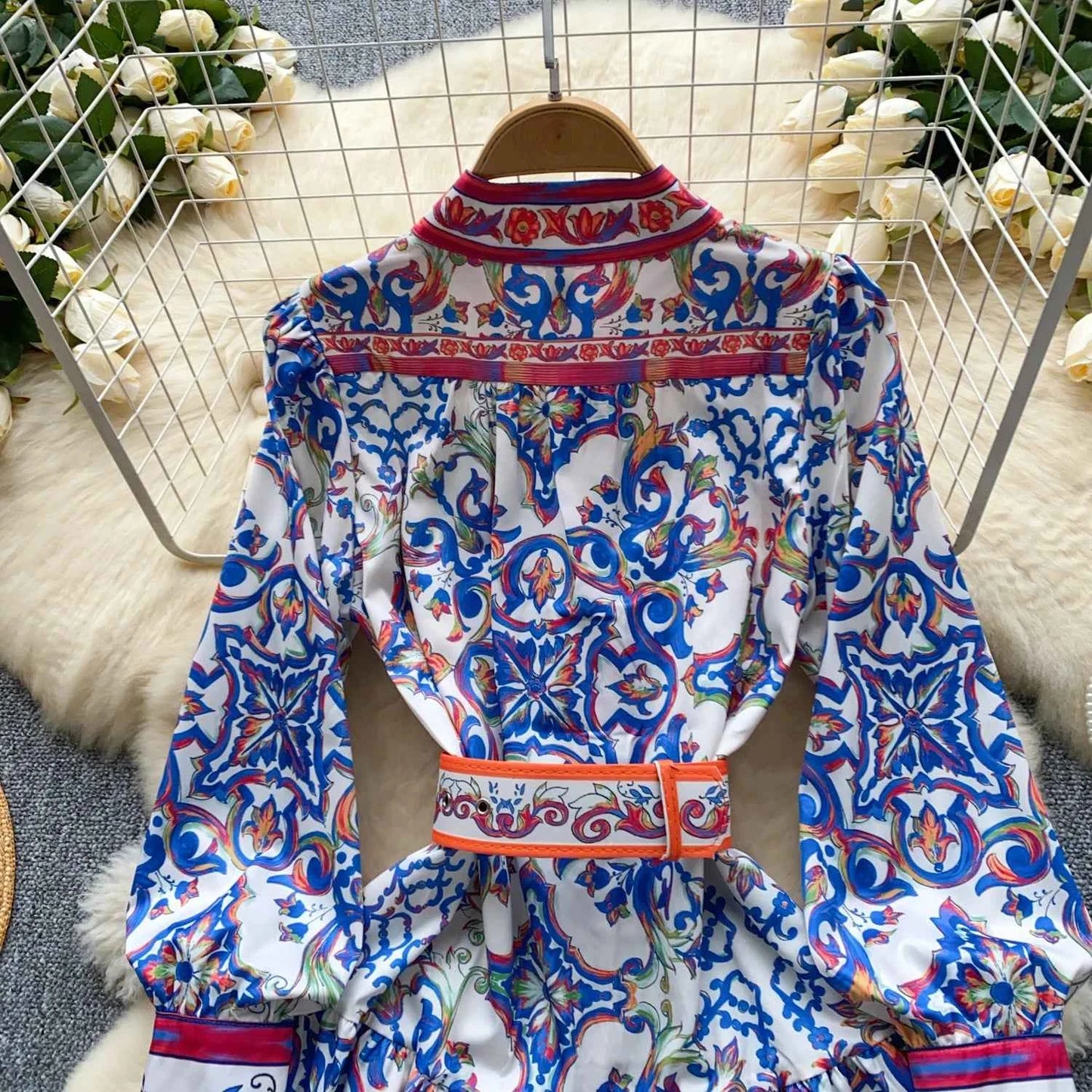 Long Lantern Sleeve Floral Print Short Shirt Dress