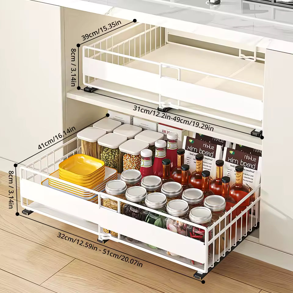 2 Pack Expandable Pull Out Cabinet Organizer,3 Slide Rails Slide Out Drawers, Roll Out Shelves Adhesive,Adjustable Width