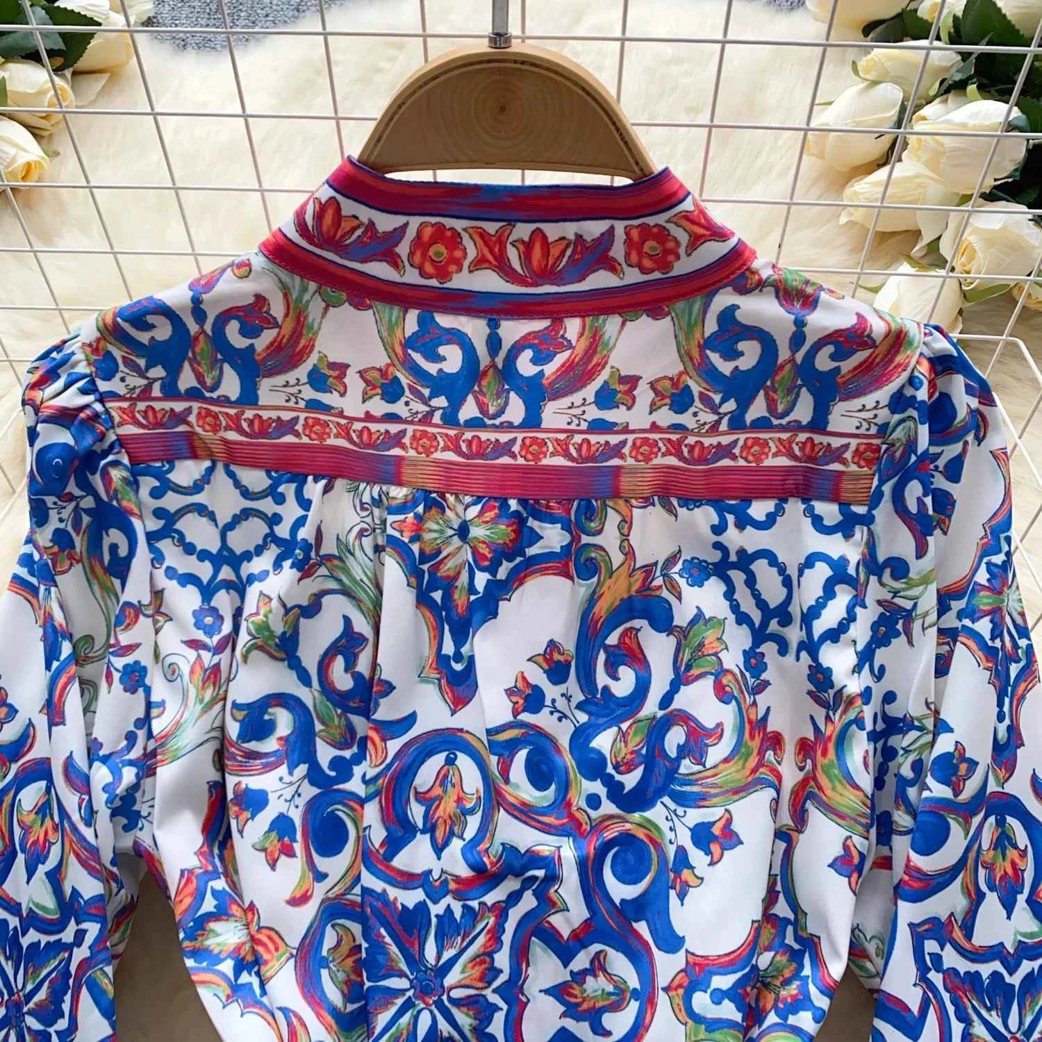 Long Lantern Sleeve Floral Print Short Shirt Dress