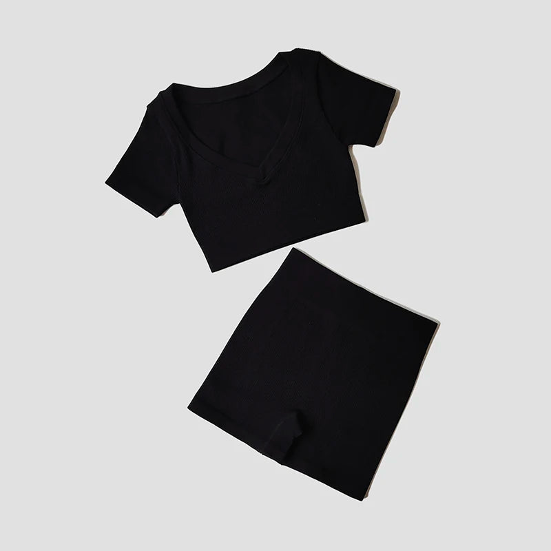 Women Hight Waist Seamless Sports Shorts + Sport Crop Top Set