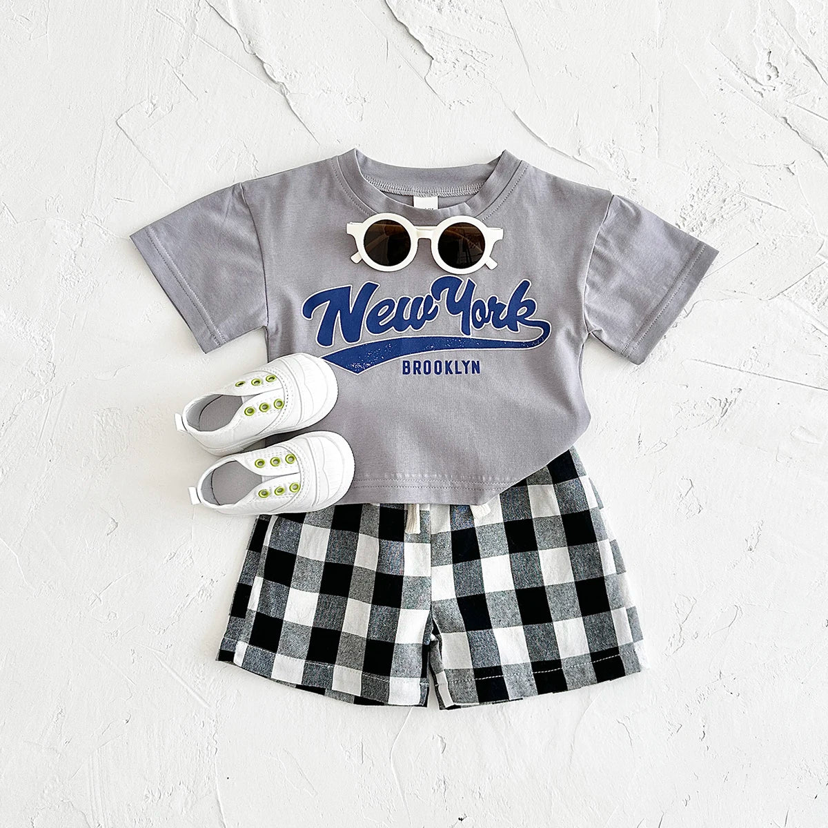 Girls 2Pcs Letter Printed T-shirt+Checkered Shorts