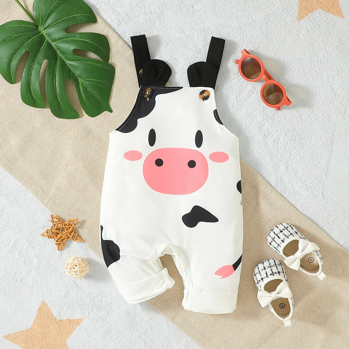 Summer Cartoon Cow White Suspender Trousers