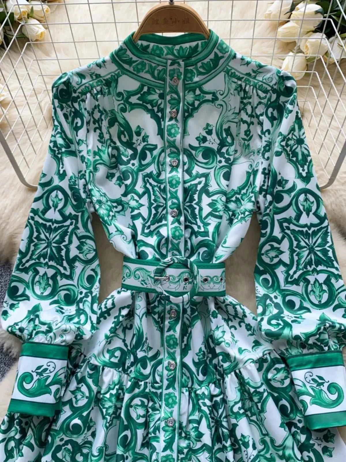 Long Lantern Sleeve Floral Print Short Shirt Dress