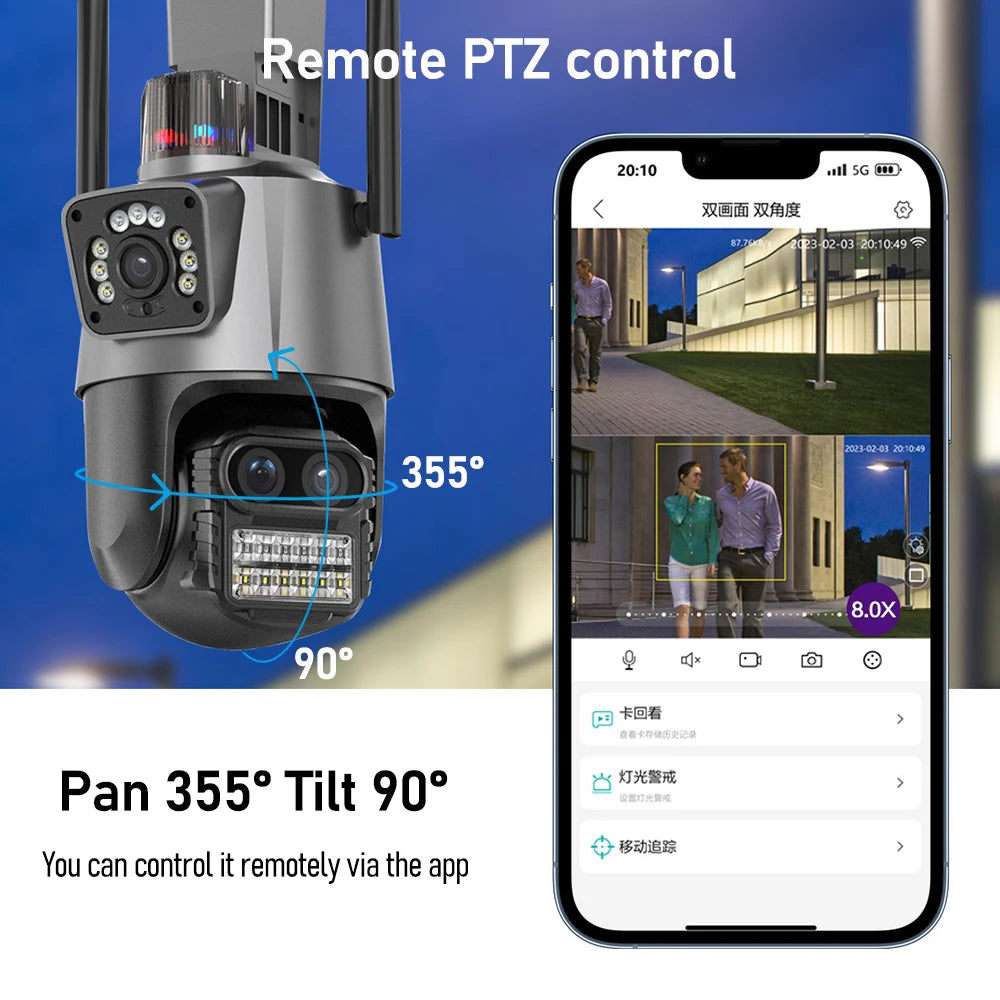 4K 9MP WIFI Three Lens Dual Screen Surveillance Camera 8X Hybrid Zoom Auto Tracking NVR