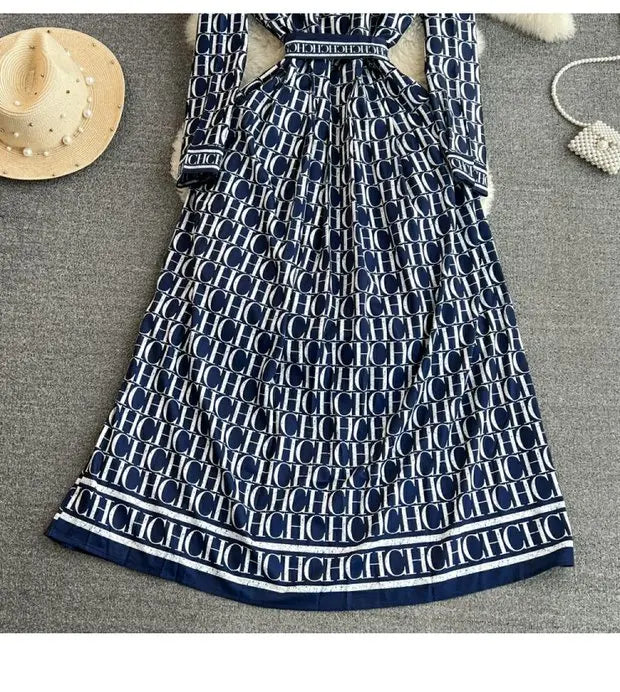 Spring Autumn Korean Sle Long Sve Turn-down Collar Slimming A-line Printed irt Dr Retro Maturi Waist-cinching