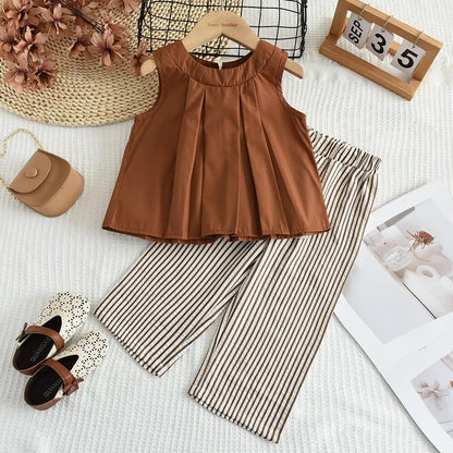 Girls Summer Outfit - Khaki Vest + Striped Wide Leg Pants Two-piece Set