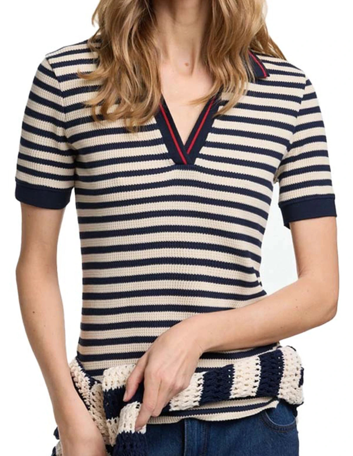 CH Women Stripe Knitted Chic Short Sleeve Polo Shirt
