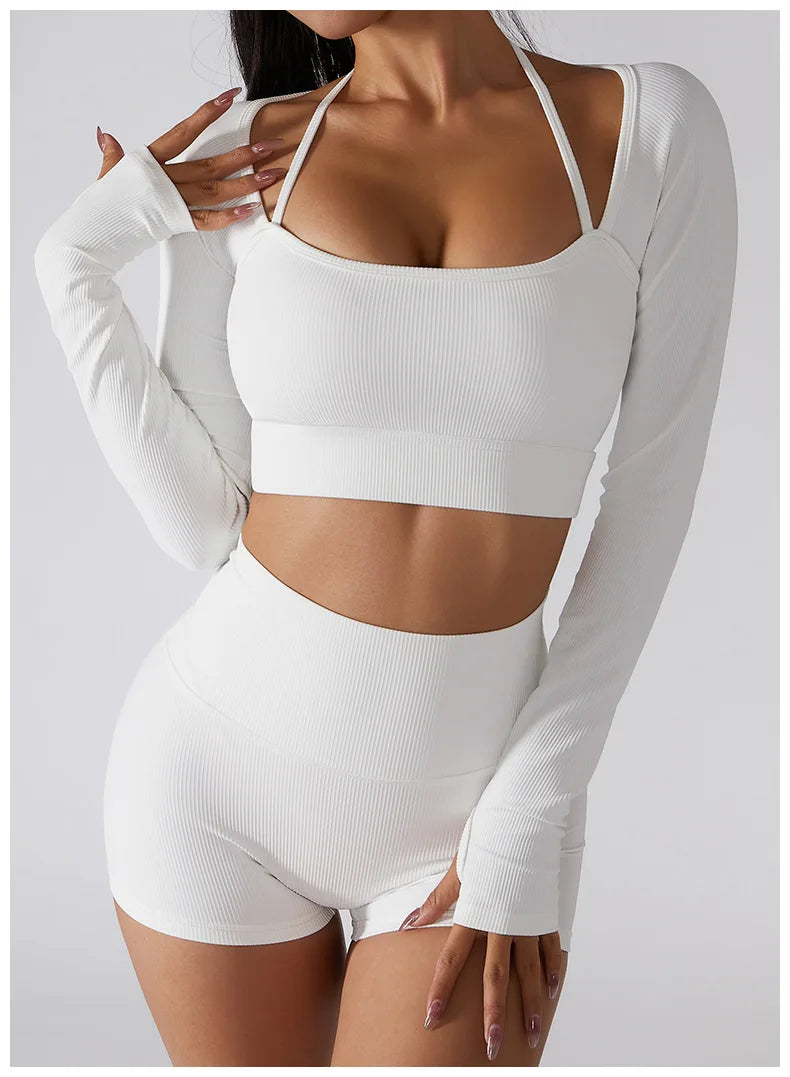 Women Long Sleeve Crop Top + One Shoulder Bra + High Waist Seamless Leggings Sportswear Set
