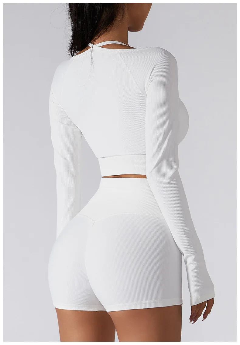 Women Long Sleeve Crop Top + One Shoulder Bra + High Waist Seamless Leggings Sportswear Set