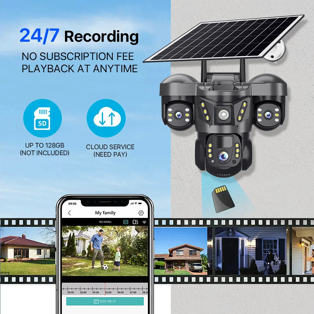 15MP Pro Wifi Solar  Security  Camera Triple Lens 10X Zoom Auto Tracking Outdoor Two way Audio Waterproof Cam