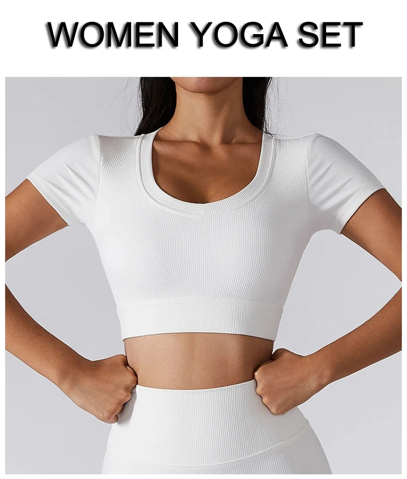 Women Hight Waist Seamless Sports Shorts + Sport Crop Top Set