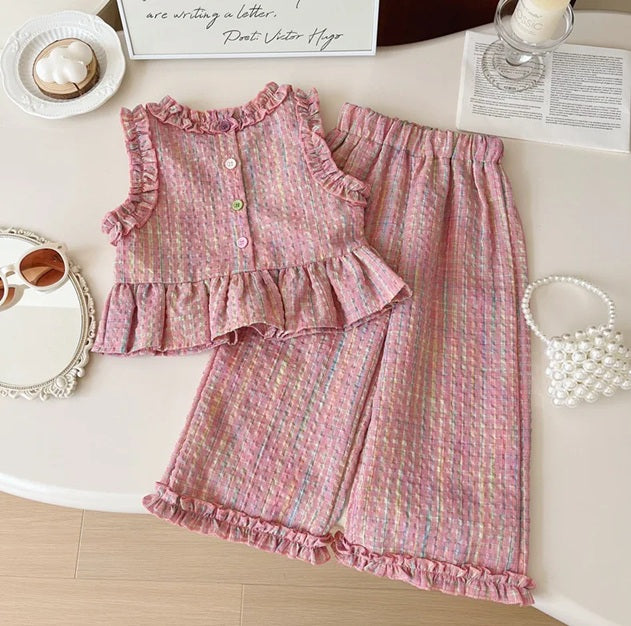 Girls' Classic Lace Plaid Vest / Wide Leg Pants / Shorts 2pcs Outfit Set
