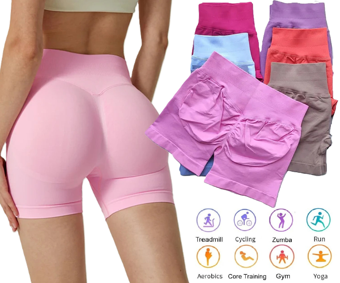 Women's High Stretch Seamless Scrunch Bum, Low Ribbed Waist Sports Shorts