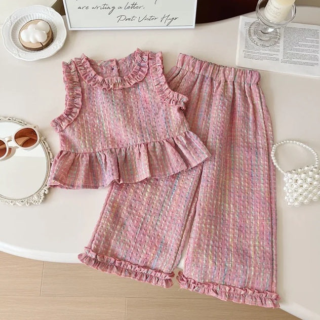 Girls' Classic Lace Plaid Vest / Wide Leg Pants / Shorts 2pcs Outfit Set