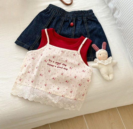 Girl's Summer Floral Camisole + Skirt 3-piece Set