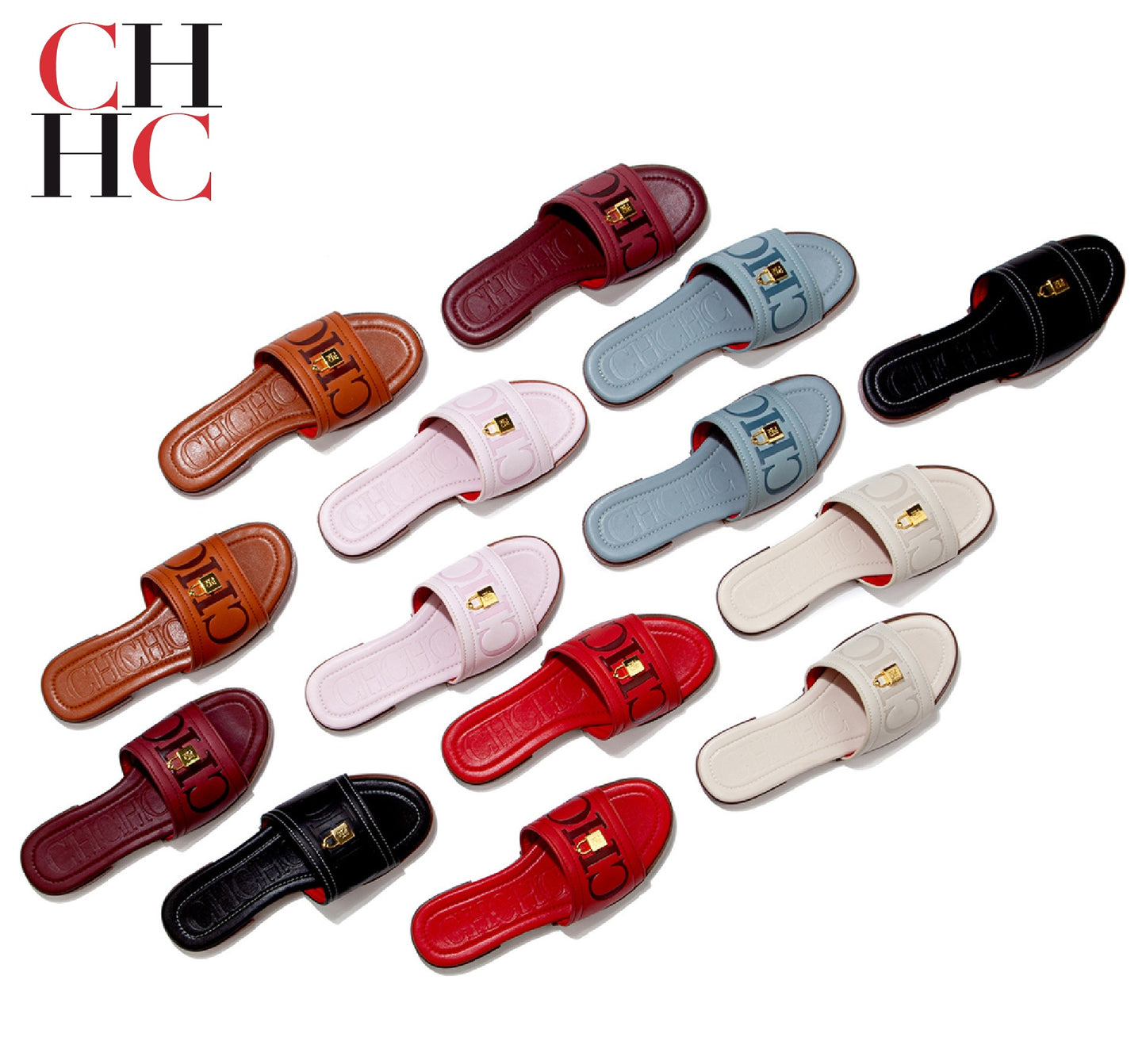 CHHC Women's Elegant Locked Leather Flat Slides