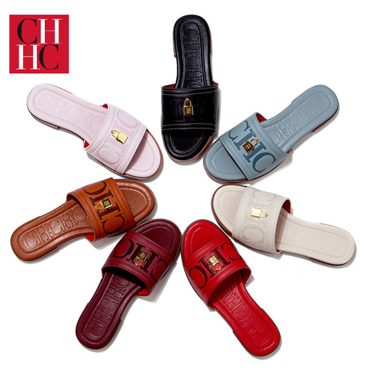 CHHC Women's Elegant Locked Leather Flat Slides