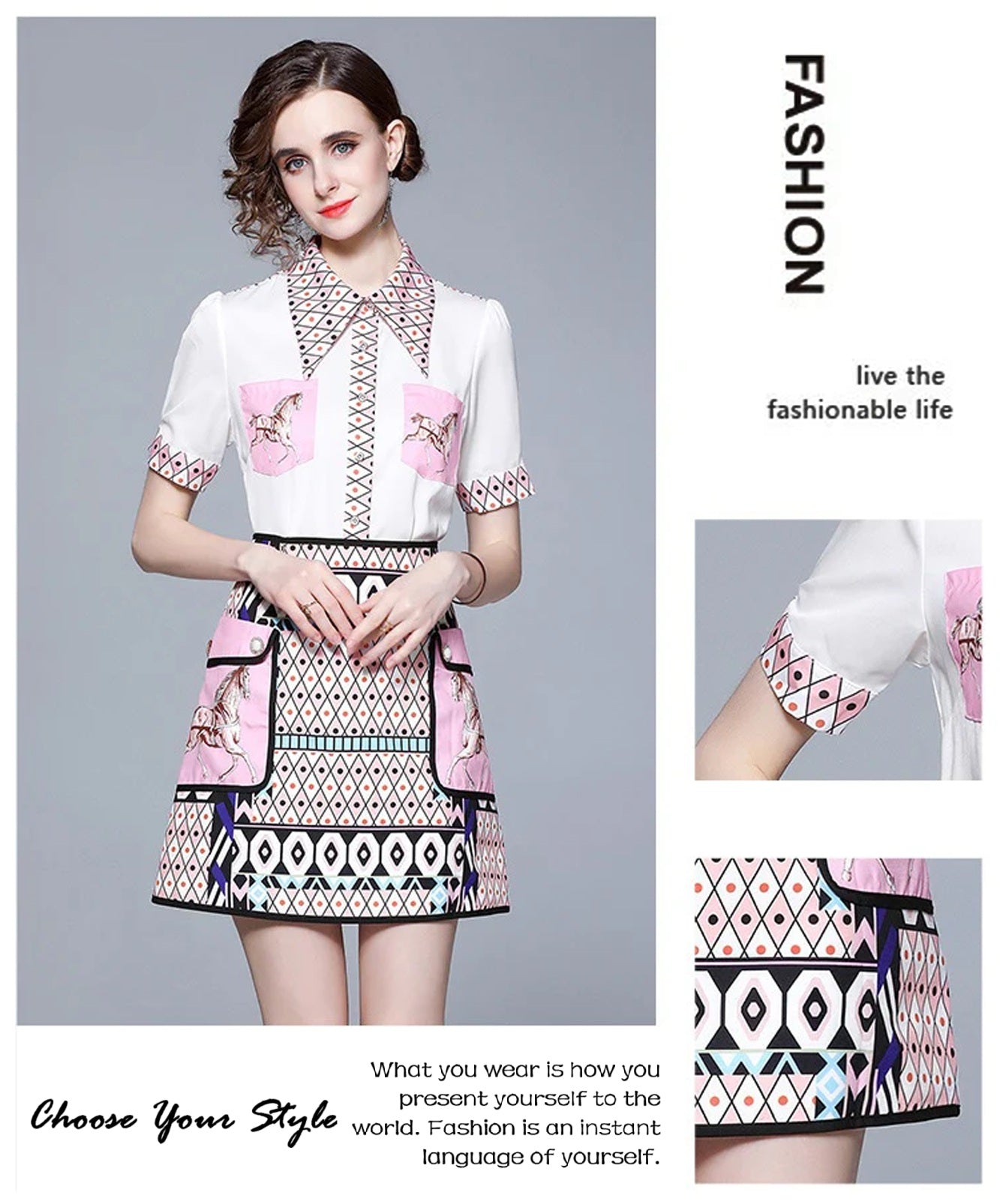 Women's Elegant Retro Lapel Short-sleeved Shirt + High-waisted Skirt 2Pcs Outfit Set