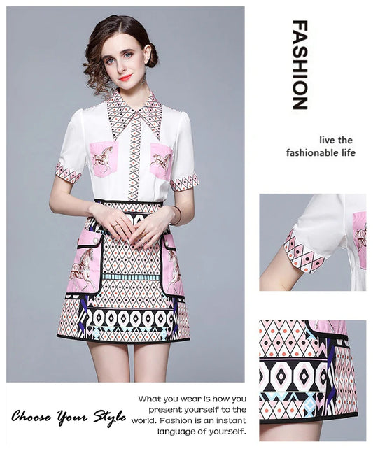 Women's Elegant Retro Lapel Short-sleeved Shirt + High-waisted Skirt 2Pcs Outfit Set