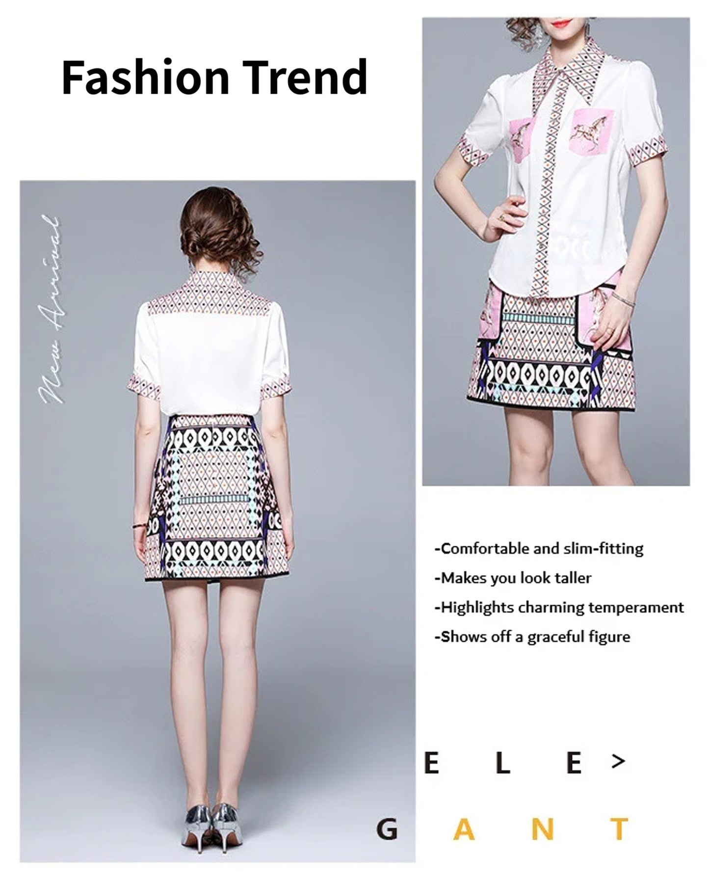 Women's Elegant Retro Lapel Short-sleeved Shirt + High-waisted Skirt 2Pcs Outfit Set