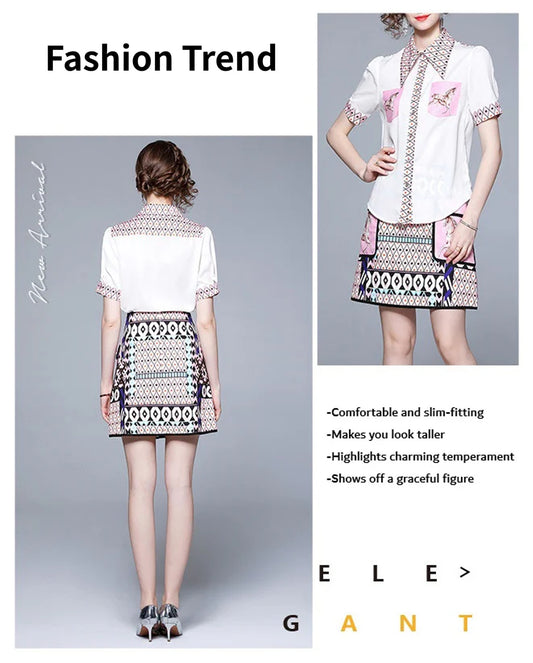 Women's Elegant Retro Lapel Short-sleeved Shirt + High-waisted Skirt 2Pcs Outfit Set