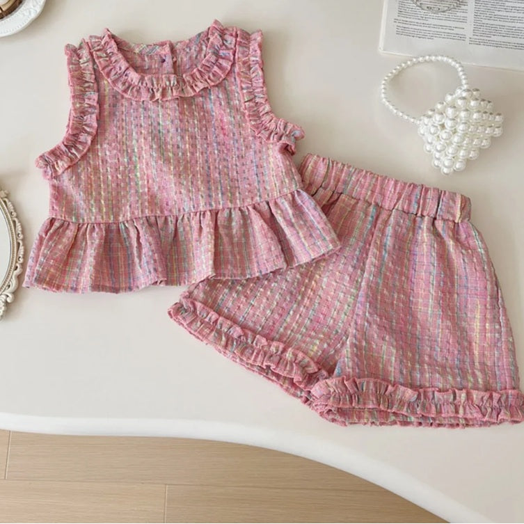 Girls' Classic Lace Plaid Vest / Wide Leg Pants / Shorts 2pcs Outfit Set