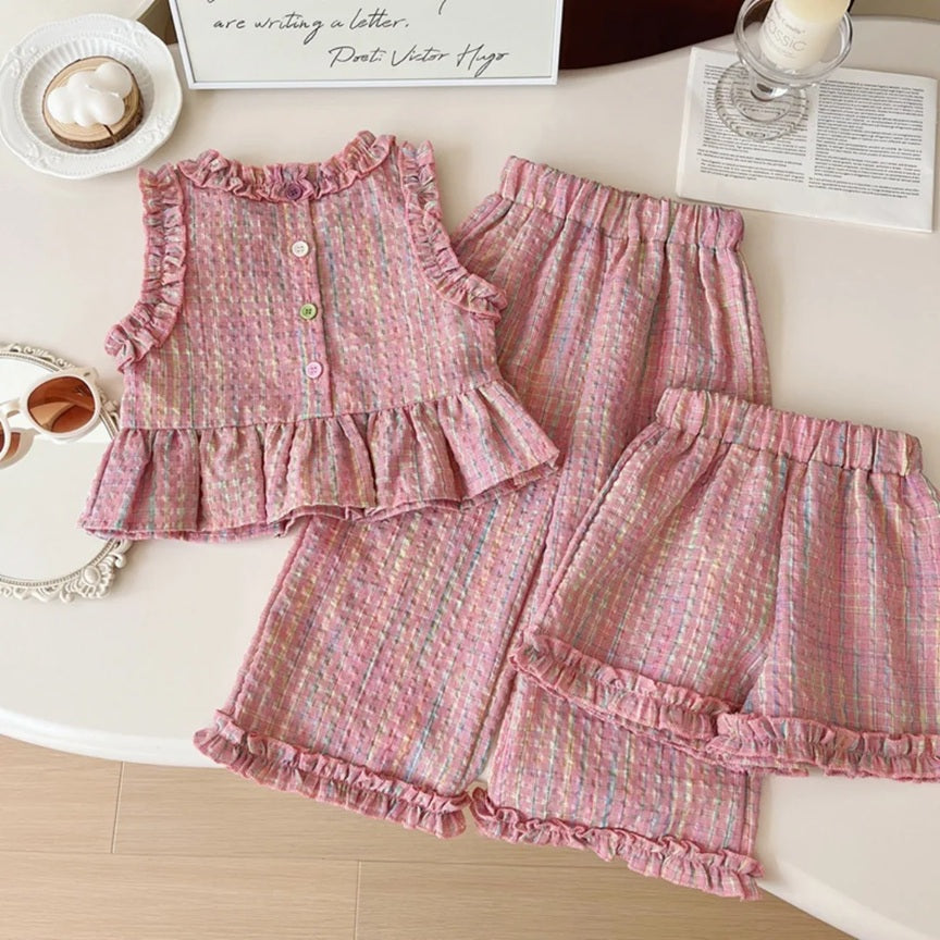 Girls' Classic Lace Plaid Vest / Wide Leg Pants / Shorts 2pcs Outfit Set