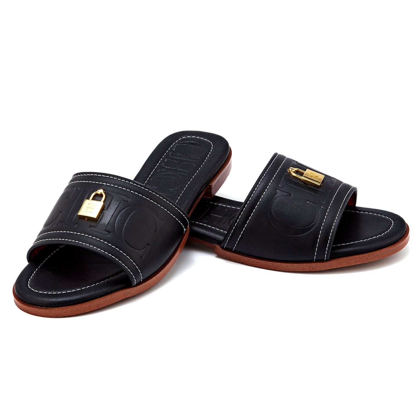 CHHC Women's Elegant Locked Leather Flat Slides