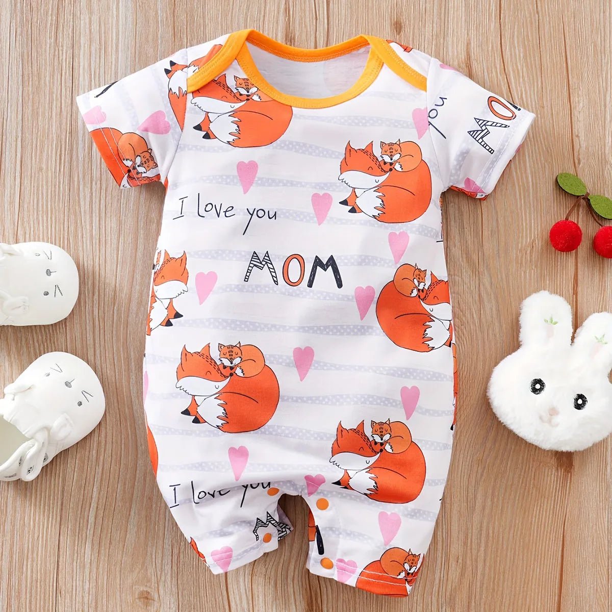 Adorable Baby Fox Print I Love You Mommy Bodysuit Short Sleeve Romper - itzy bitsy