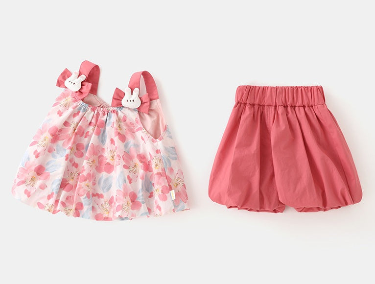 Girls' Floral Summer Bunny Strap 2Pcs Set Outfit