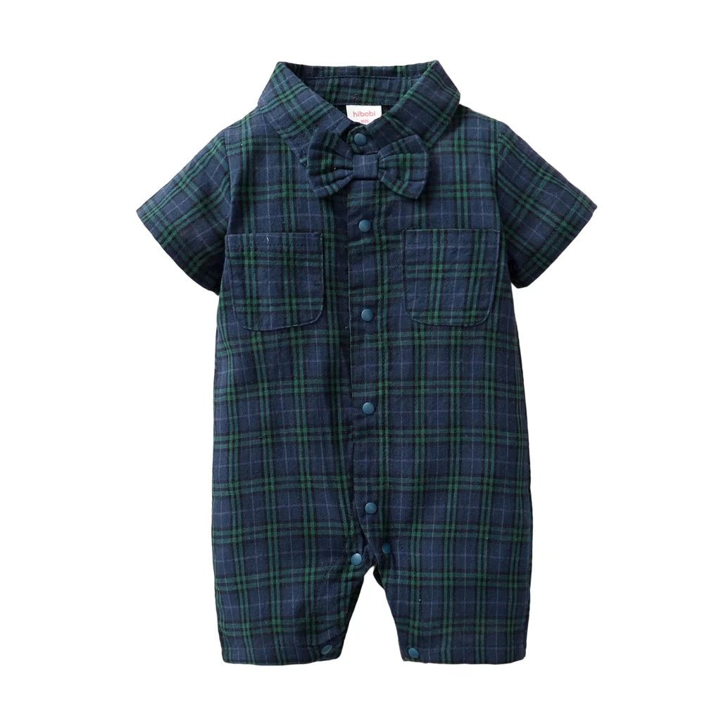 Baby Boy Plaid Gentleman Romper with Bow Tie - itzy bitsy