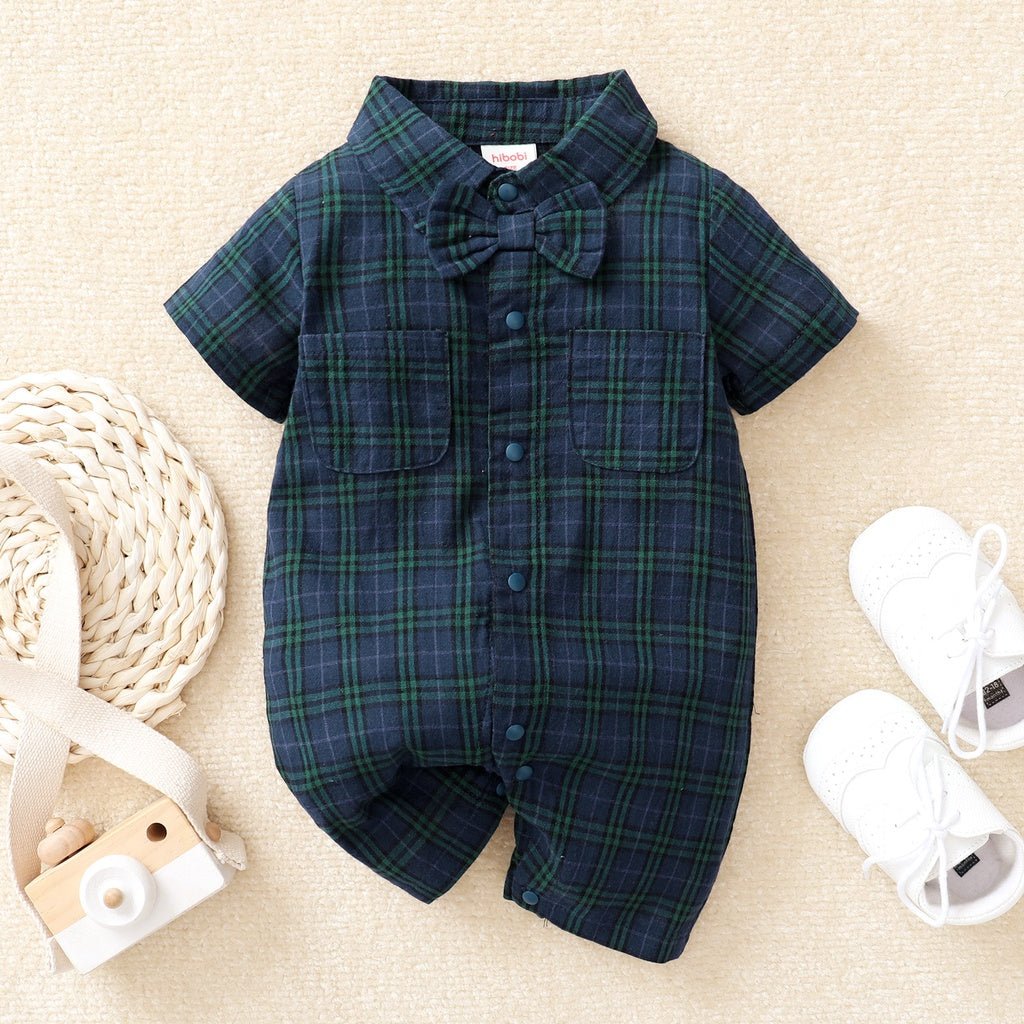 Baby Boy Plaid Gentleman Romper with Bow Tie - itzy bitsy