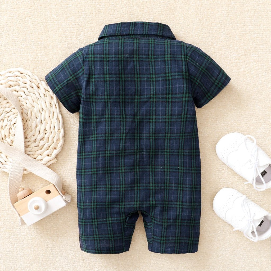 Baby Boy Plaid Gentleman Romper with Bow Tie - itzy bitsy