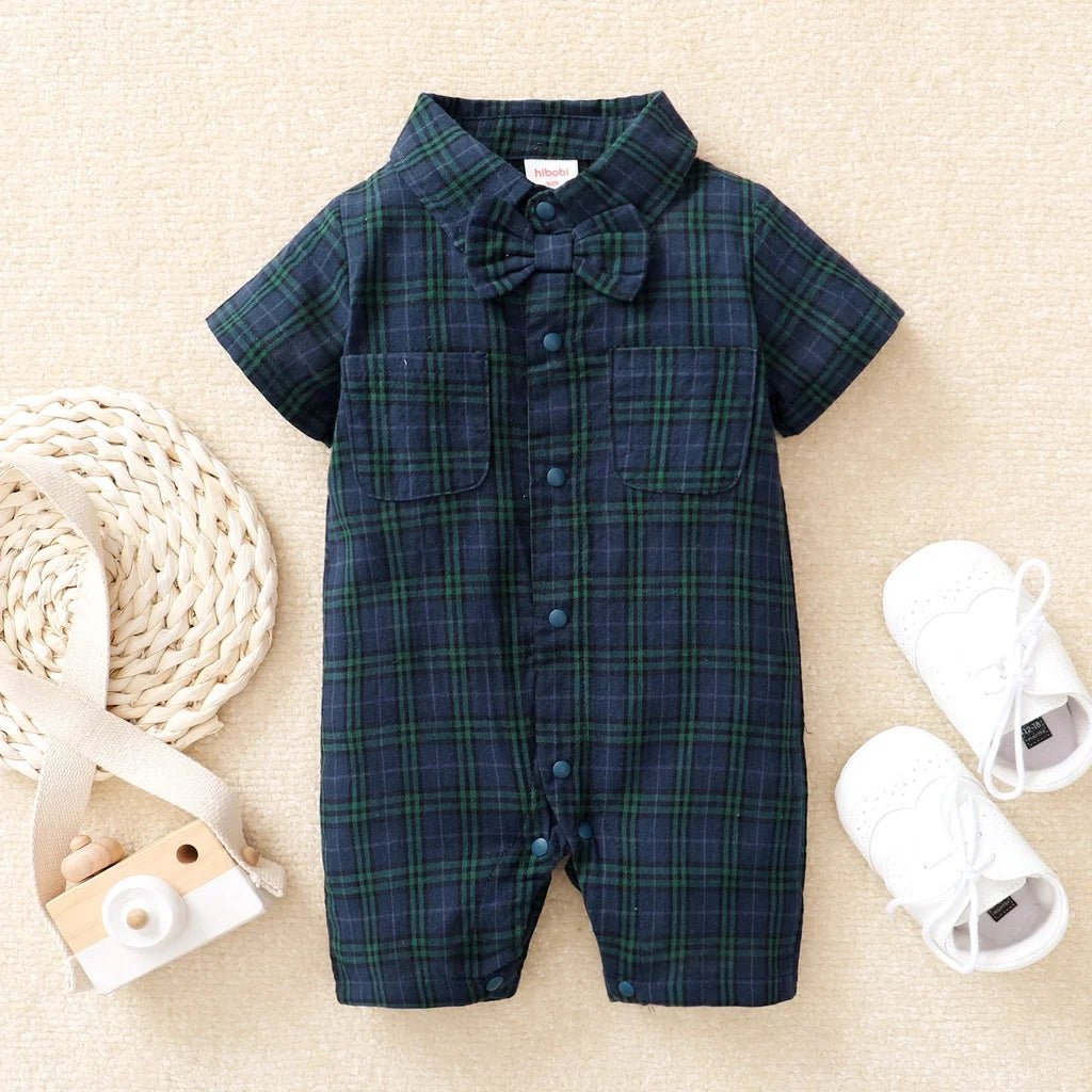 Baby Boy Plaid Gentleman Romper with Bow Tie - itzy bitsy