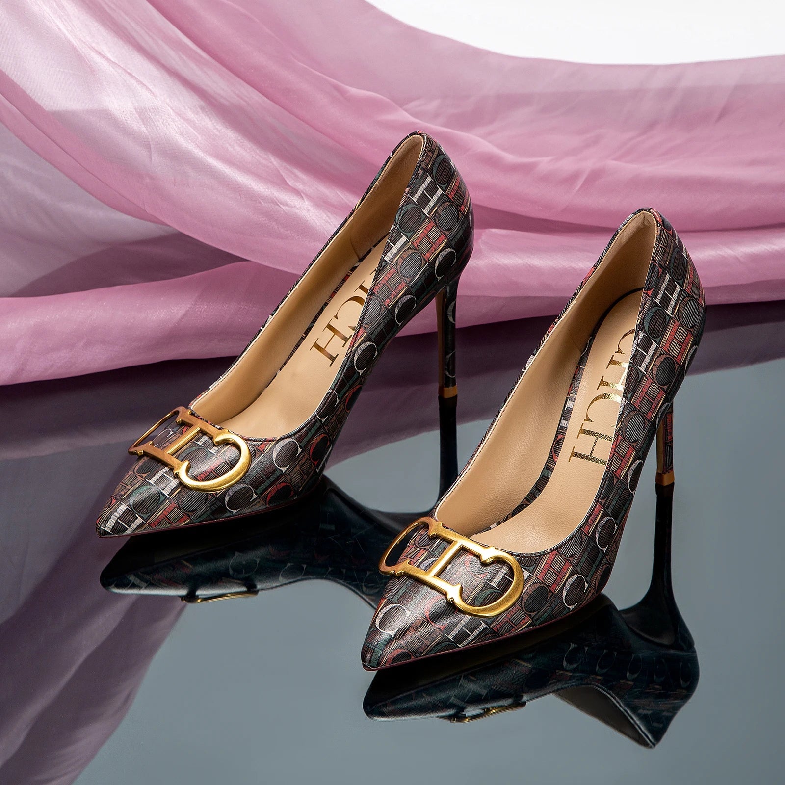 CH Luxury Beige Letter Printed Gladiator Pumps - itzy bitsy