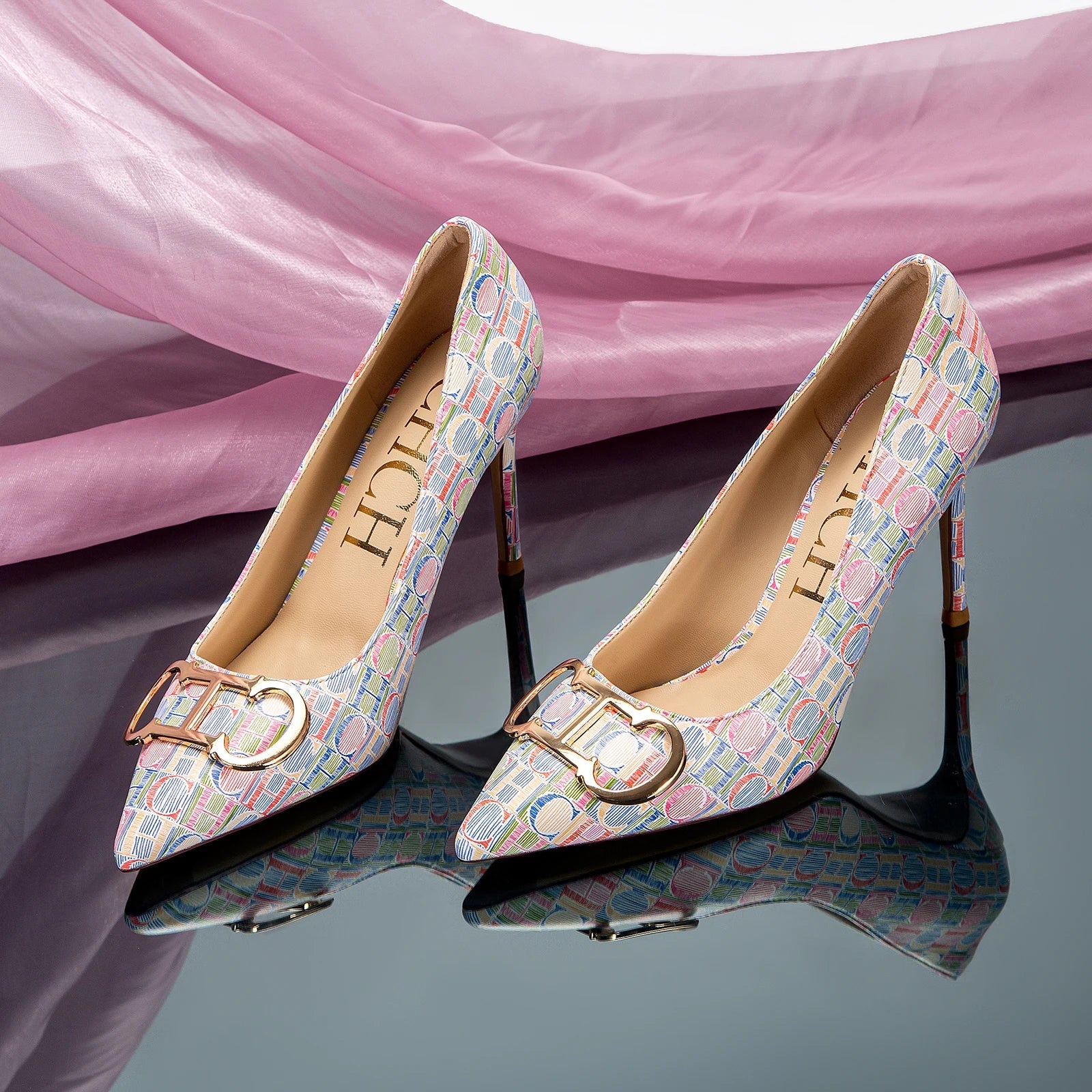 CH Luxury Beige Letter Printed Gladiator Pumps - itzy bitsy