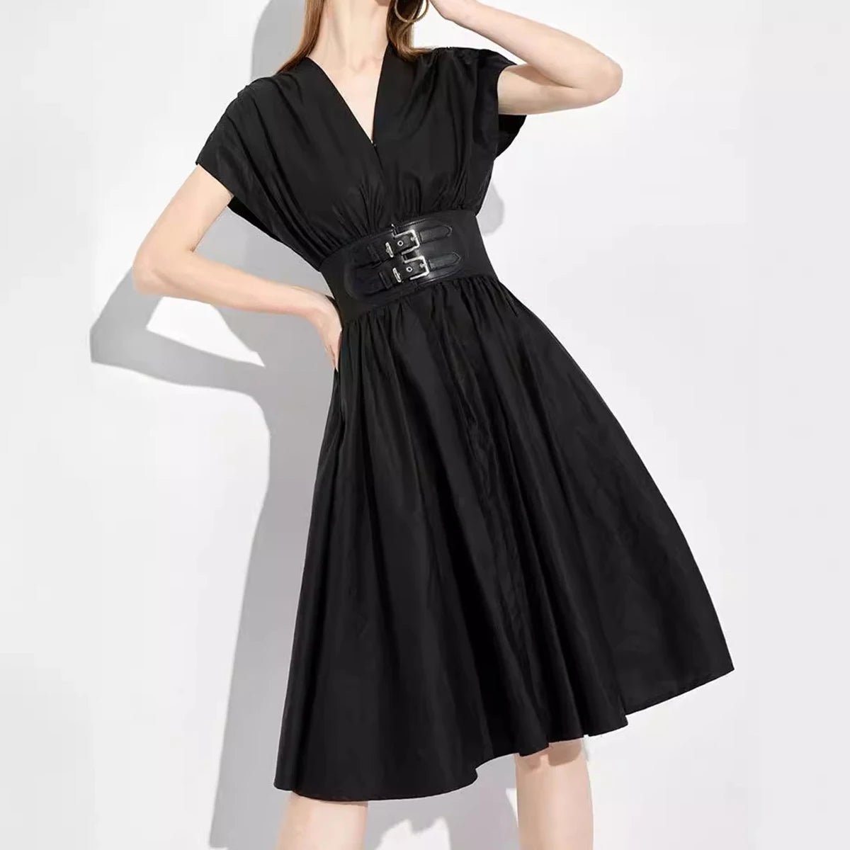 CH V - neck High Waist Slim Black Midi Dress - itzy bitsy