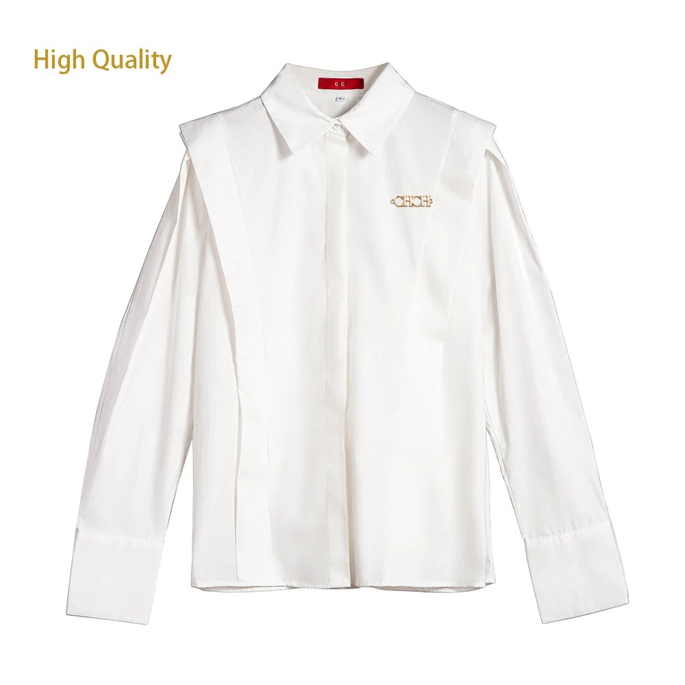 CHCH Casual Turn - down Collar Ruffles Solid Women's Blouse - itzy bitsy