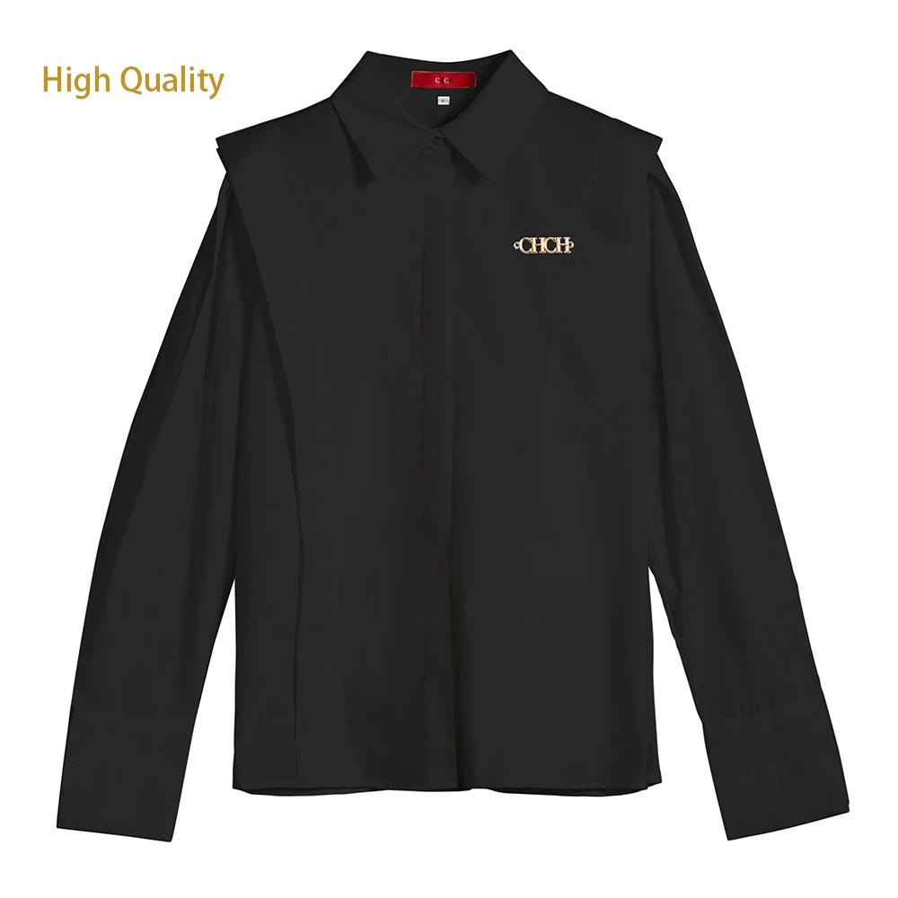 CHCH Casual Turn - down Collar Ruffles Solid Women's Blouse - itzy bitsy