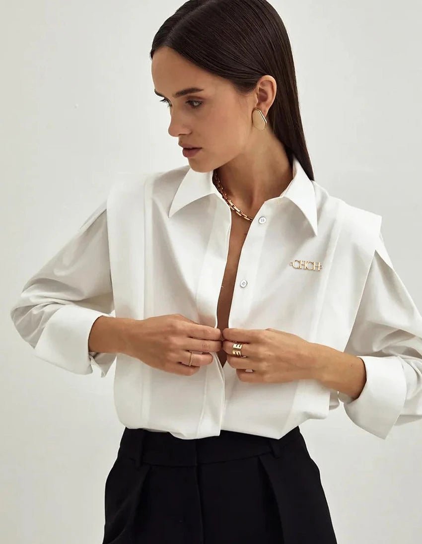 CHCH Casual Turn - down Collar Ruffles Solid Women's Blouse - itzy bitsy