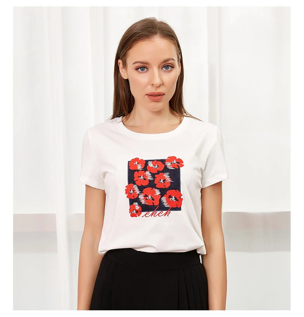CHCH Embroidery Slim Short Sleeve T-shirts for Women - itzy bitsy