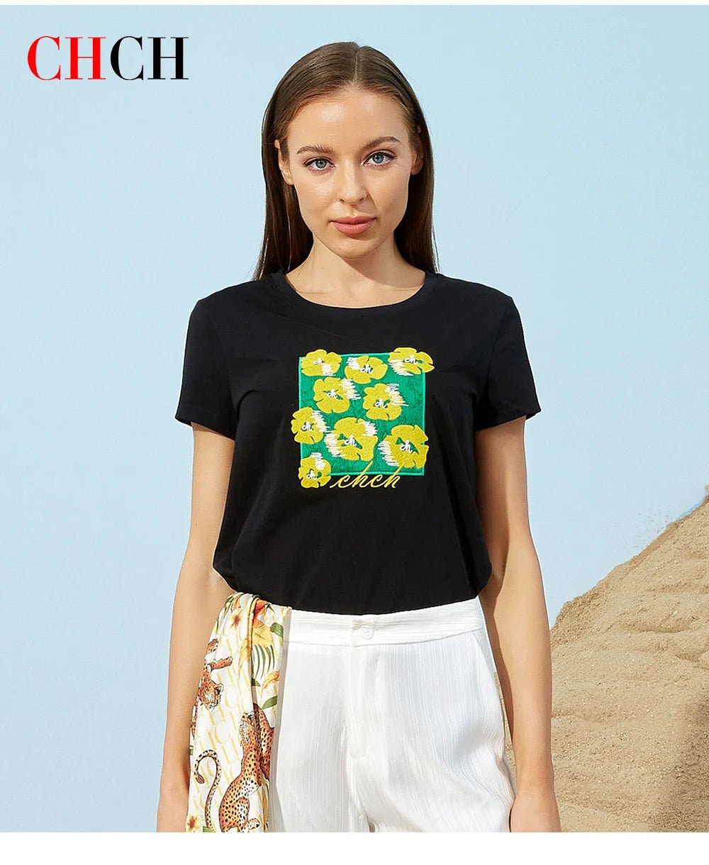 CHCH Embroidery Slim Short Sleeve T-shirts for Women - itzy bitsy