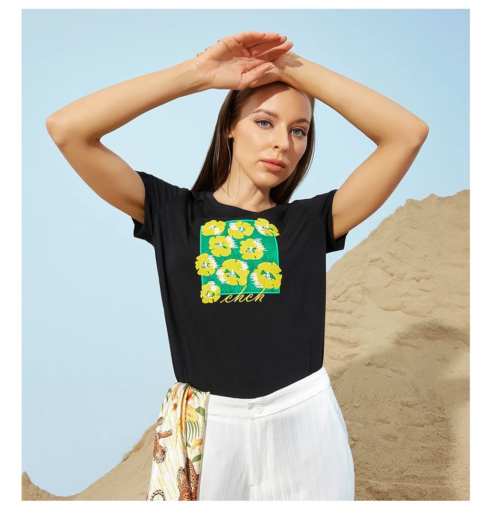CHCH Embroidery Slim Short Sleeve T-shirts for Women - itzy bitsy