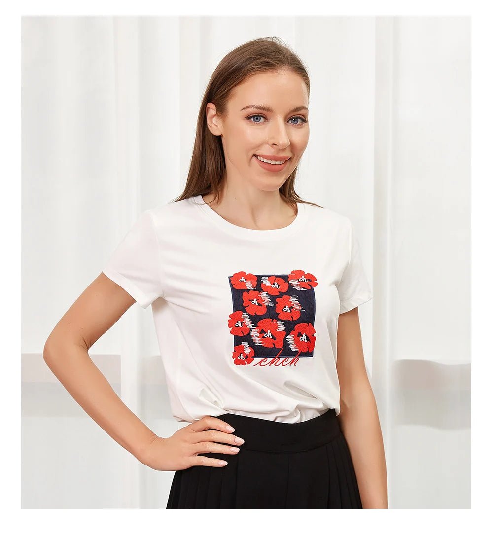CHCH Embroidery Slim Short Sleeve T-shirts for Women - itzy bitsy