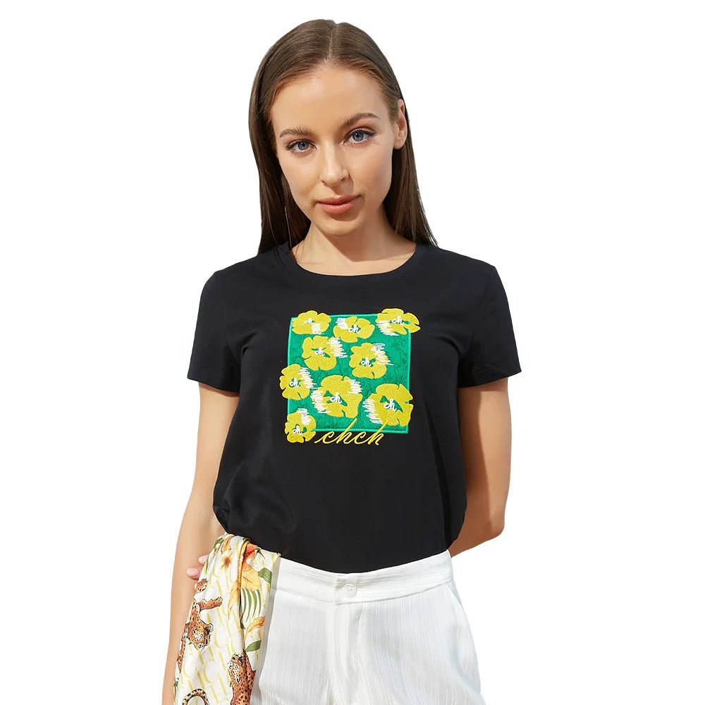 CHCH Embroidery Slim Short Sleeve T-shirts for Women - itzy bitsy