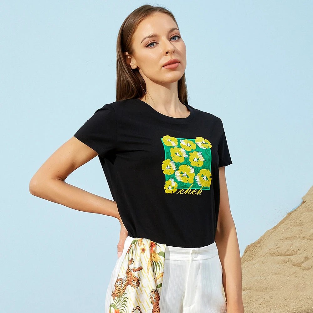 CHCH Embroidery Slim Short Sleeve T-shirts for Women - itzy bitsy