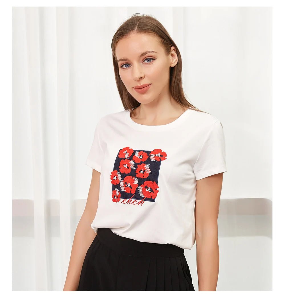 CHCH Embroidery Slim Short Sleeve T-shirts for Women - itzy bitsy