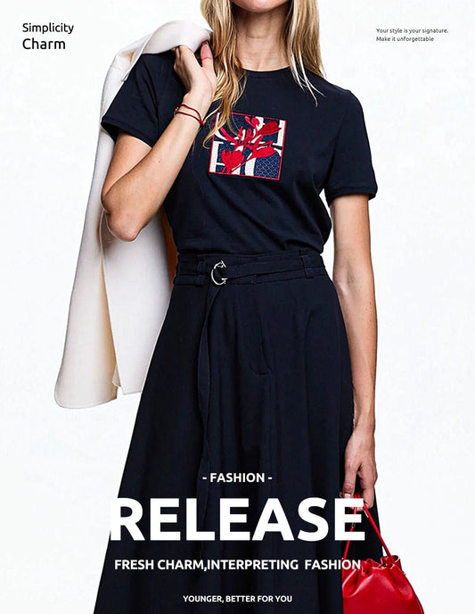 CHCH Women's Short Sleeve Flower Embroidery Design Female Tee - itzy bitsy