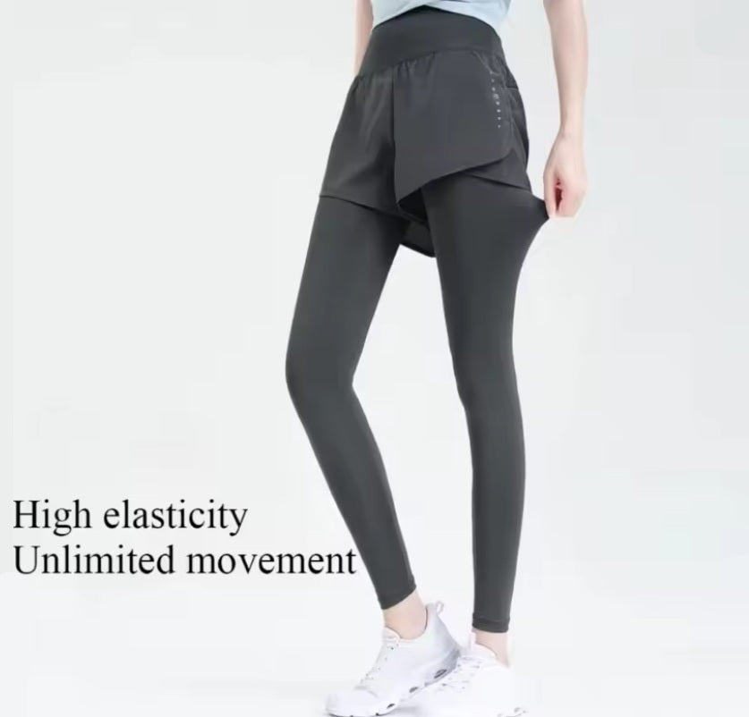 Women's High Waist Elastic Sports Legging with fake Short