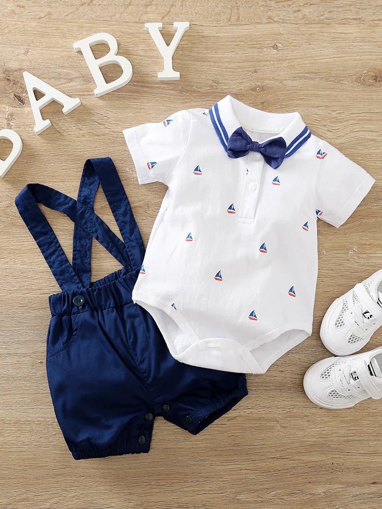 Gentleman Sailboat Print Bodysuit 2Piece Strap Pants + Polo Set - itzy bitsy